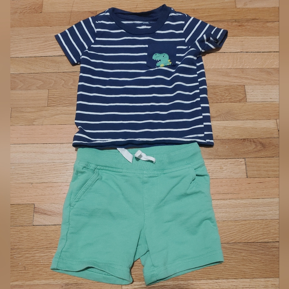 Carter's Striped Dino Navy T-Shirt and Green Shorts Set /12-18 Months
